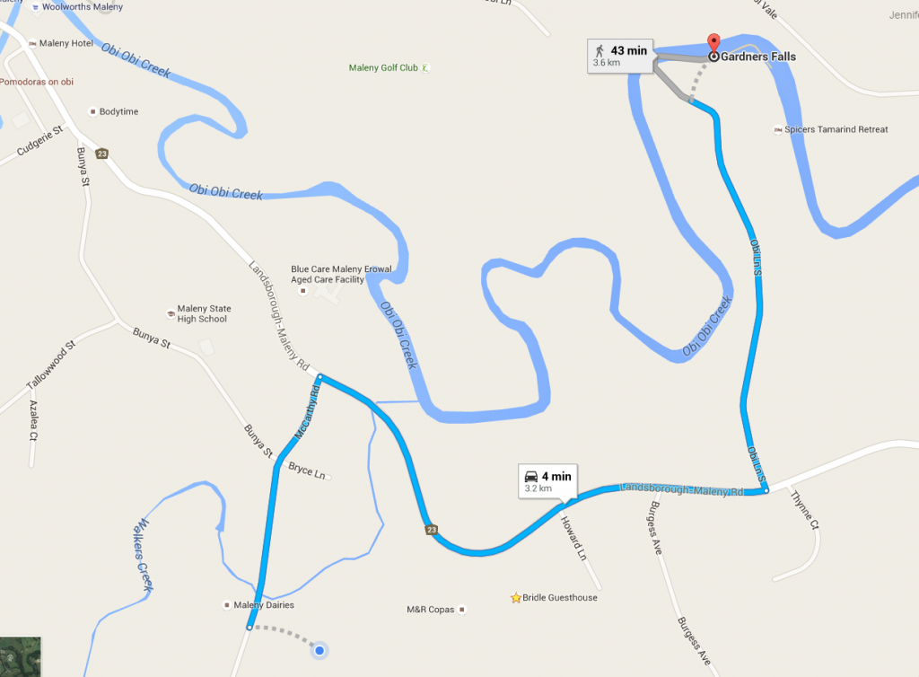 Map from McCarthy Lake House Accommodation to Gardnes Falls maleny